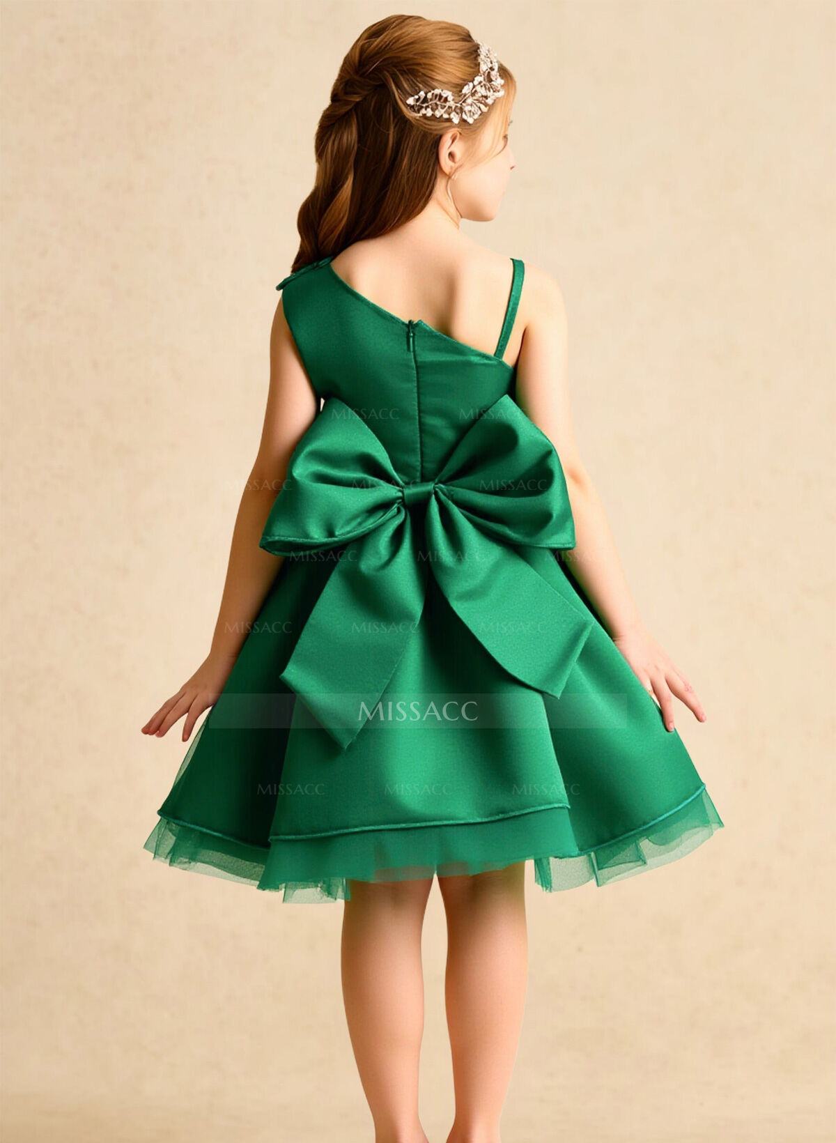 A-Line One-Shoulder Sleeveless Knee-Length Satin/Tulle Flower Girl Dresses With Bow(s)
