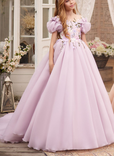 Ball-Gown Scoop Neck Short Sleeves Court Train Lace/Satin Flower Girl Dresses With Bow(s)/Lace/Flower(s)