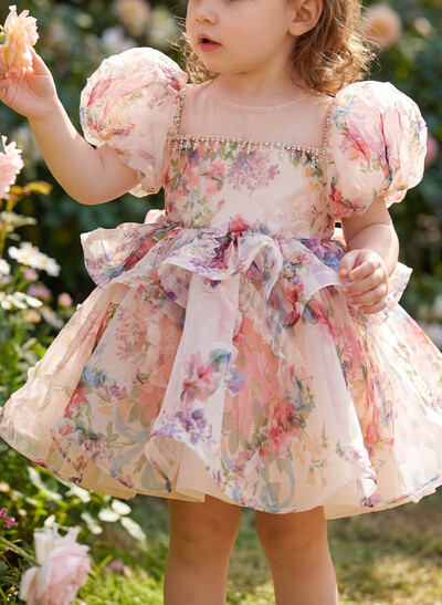 A-Line Square NecklineShort Sleeves Short/Mini Lace/Satin/TulleFlower Girl Dresses With Ruffle/Lace/Flower(s)