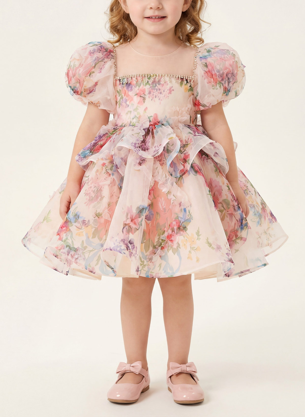 A-Line Square NecklineShort Sleeves Short/Mini Lace/Satin/TulleFlower Girl Dresses With Ruffle/Lace/Flower(s)