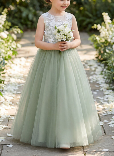 A-Line Scoop Neck Sleeveless Floor-Length Satin/Tulle Flower Girl Dresses With Bow(s)/Lace/Flower(s)