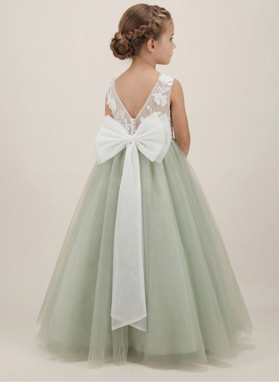 A-Line Scoop Neck Sleeveless Floor-Length Satin/Tulle Flower Girl Dresses With Bow(s)/Lace/Flower(s)
