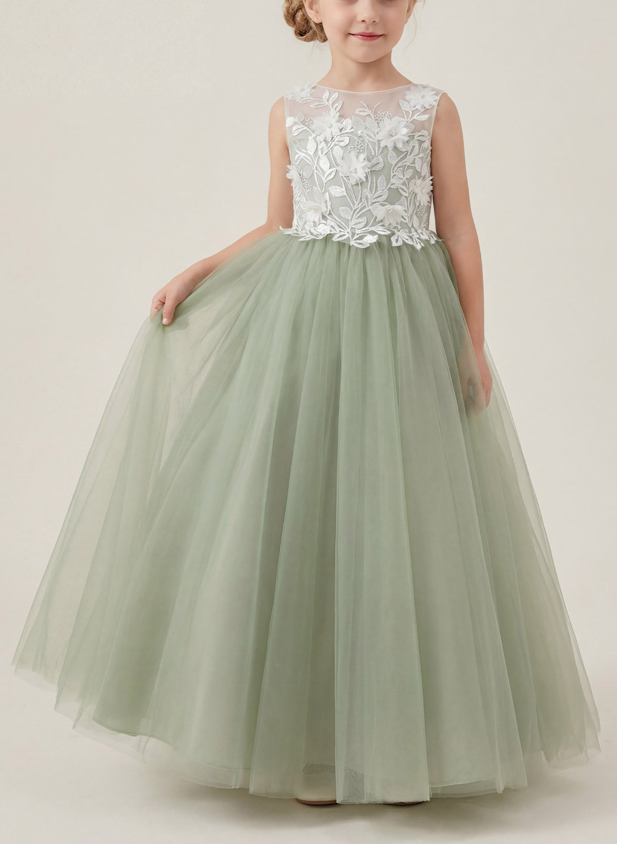 A-Line Scoop Neck Sleeveless Floor-Length Satin/Tulle Flower Girl Dresses With Bow(s)/Lace/Flower(s)