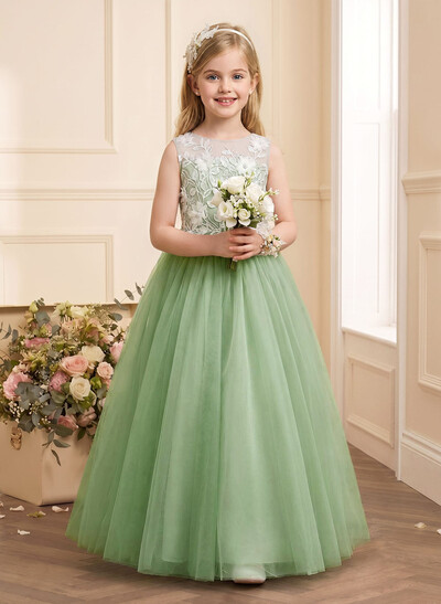A-Line Scoop Neck Sleeveless Floor-Length Satin/Tulle Flower Girl Dresses With Bow(s)/Lace/Flower(s)