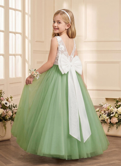 A-Line Scoop Neck Sleeveless Floor-Length Satin/Tulle Flower Girl Dresses With Bow(s)/Lace/Flower(s)