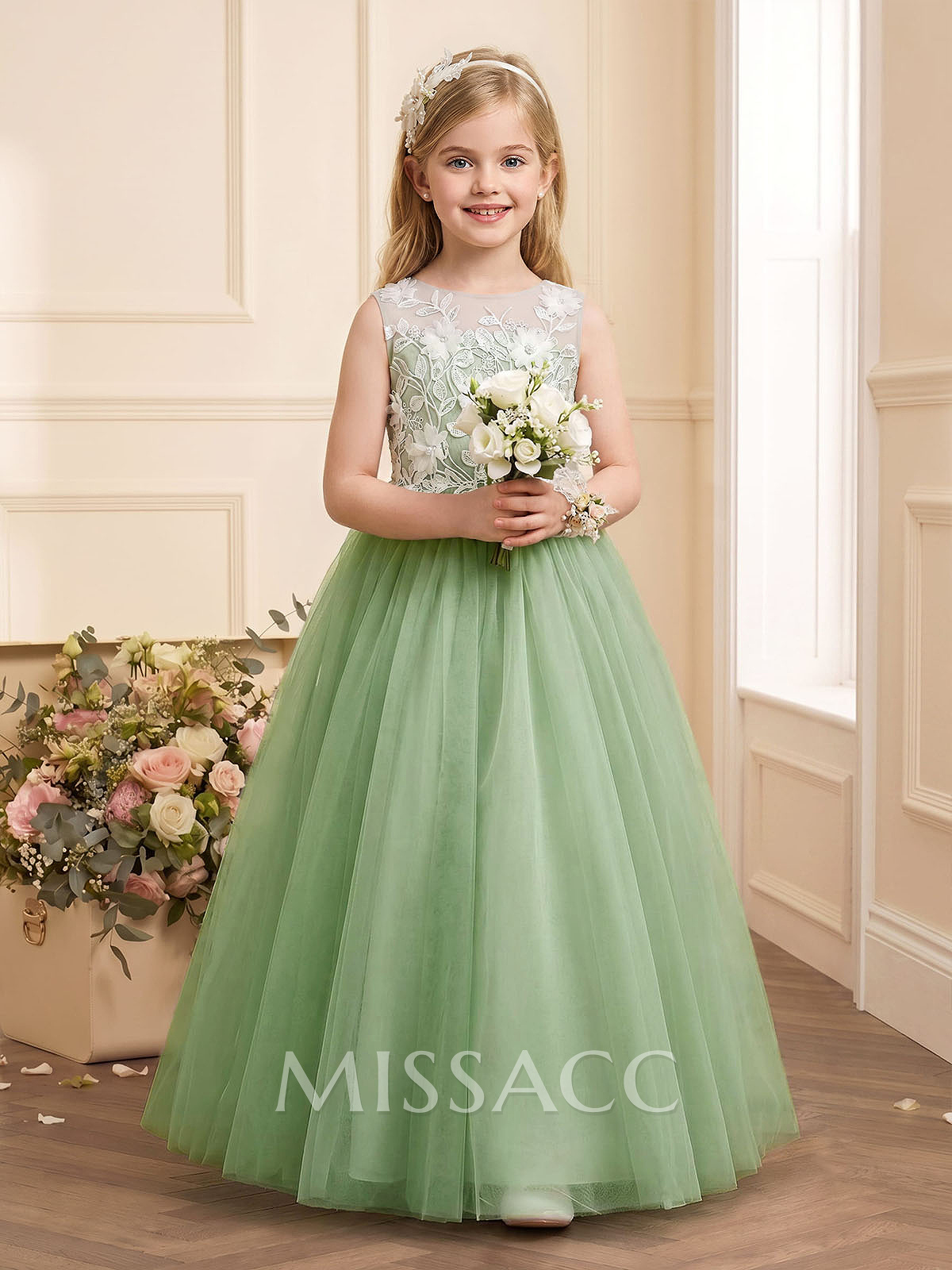 A-Line Scoop Neck Sleeveless Floor-Length Satin/Tulle Flower Girl Dresses With Bow(s)/Lace/Flower(s) A-Line Scoop Neck Sleeveless Floor-Length Satin/Tulle Flower Girl Dresses With Bow(s)/Lace/Flower(s)