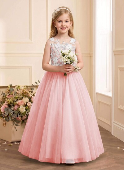 A-Line Scoop Neck Sleeveless Floor-Length Satin/Tulle Flower Girl Dresses With Bow(s)/Lace/Flower(s)