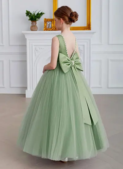 A-Line Scoop Neck Sleeveless Floor-Length Satin/Tulle Flower Girl Dresses With Bow(s)/Beading