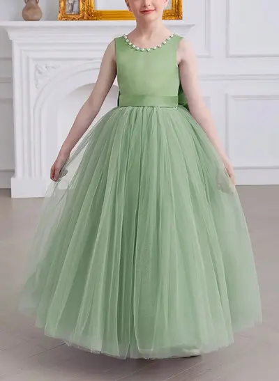 A-Line Scoop Neck Sleeveless Floor-Length Satin and Tulle Flower Girl Dresses with Bows and Beading
