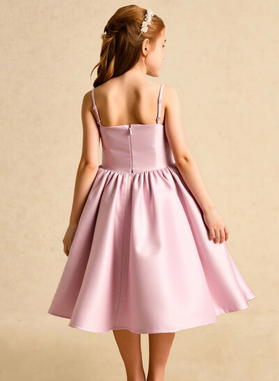 A-Line Square Neckline Sleeveless Tea-Length Satin Flower Girl Dresses With Bow(s)