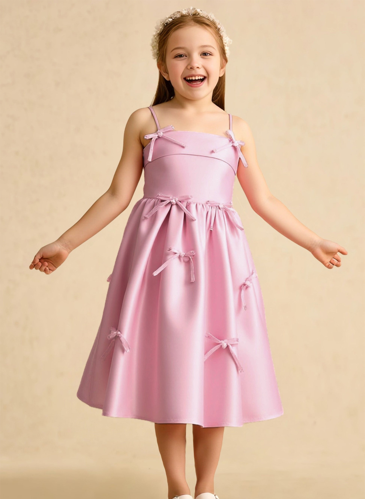 A-Line Square Neckline Sleeveless Tea-Length Satin Flower Girl Dresses With Bow(s)