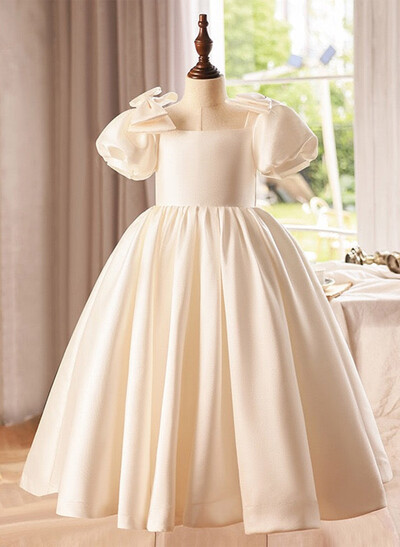 A-Line Square Neckline Short Sleeves Tea-Length Satin Flower Girl Dresses With Bow(s)