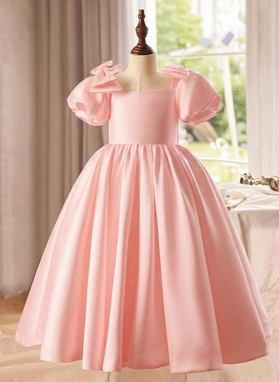 A-Line Square Neckline Short Sleeves Tea-Length Satin Flower Girl Dresses With Bow(s)