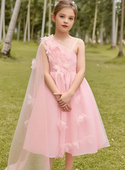 A-Line One-Shoulder Sleeveless Tea-Length Organza Flower Girl Dresses With Flower(s)