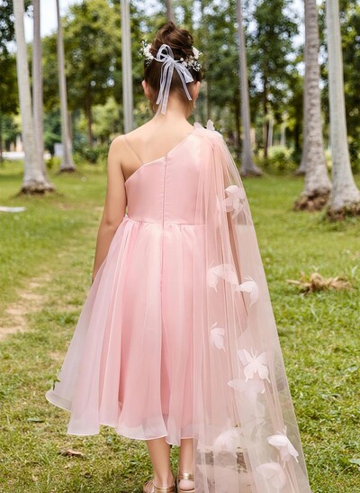 A-Line One-Shoulder Sleeveless Tea-Length Organza Flower Girl Dresses With Flower(s)