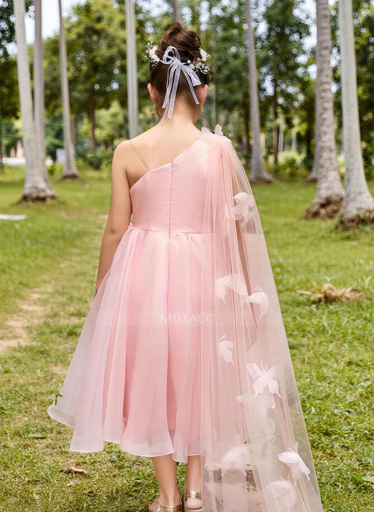 A-Line One-Shoulder Sleeveless Tea-Length Organza Flower Girl Dresses With Flower(s)