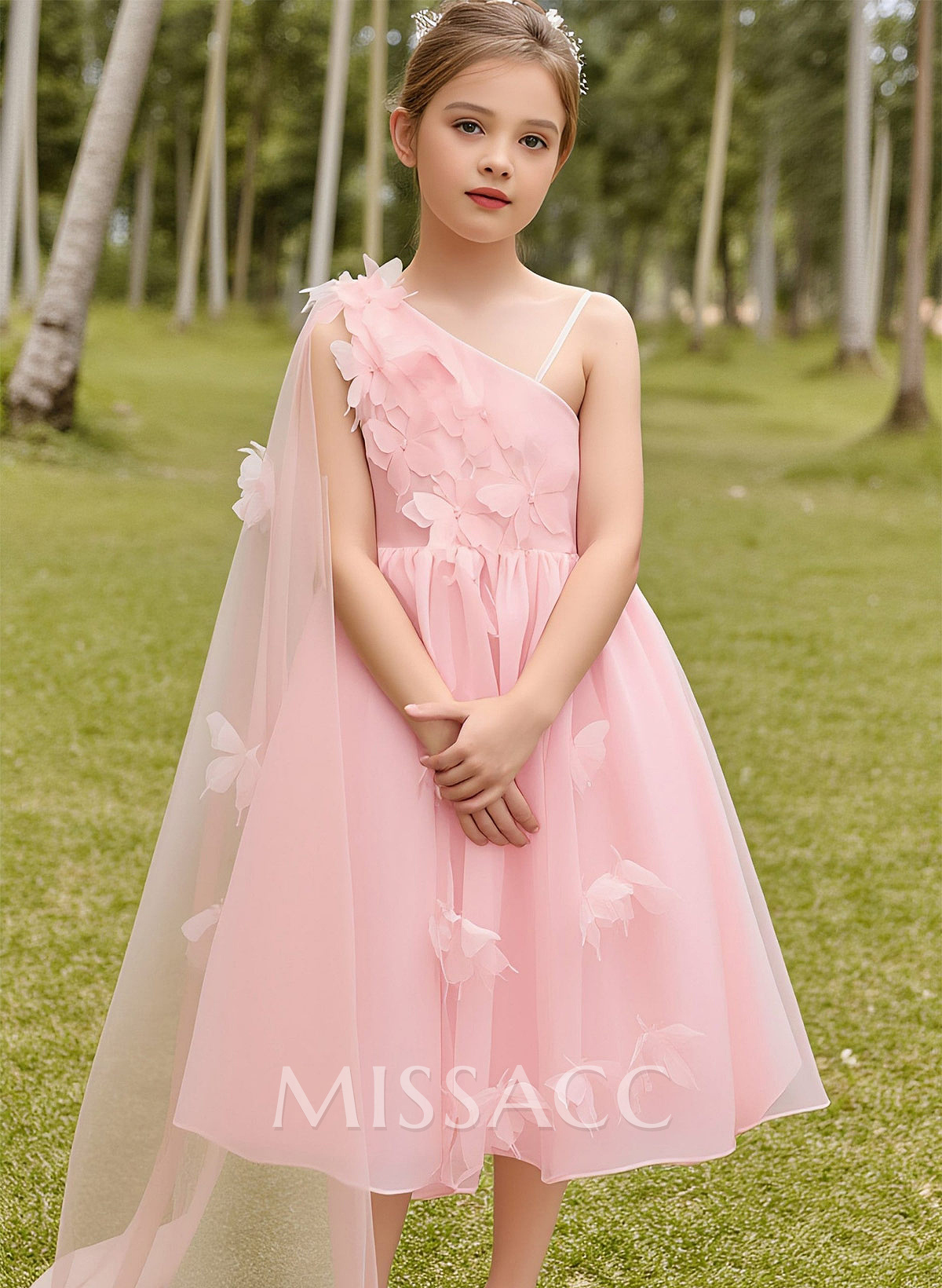 A-Line One-Shoulder Sleeveless Tea-Length Organza Flower Girl Dresses With Flower(s)