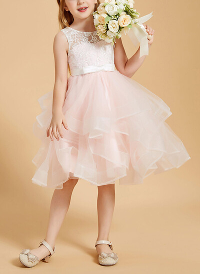 A-Line Scoop Neck Sleeveless Knee-Length Lace/Satin/Tulle Flower Girl Dresses With Bow(s)/Lace