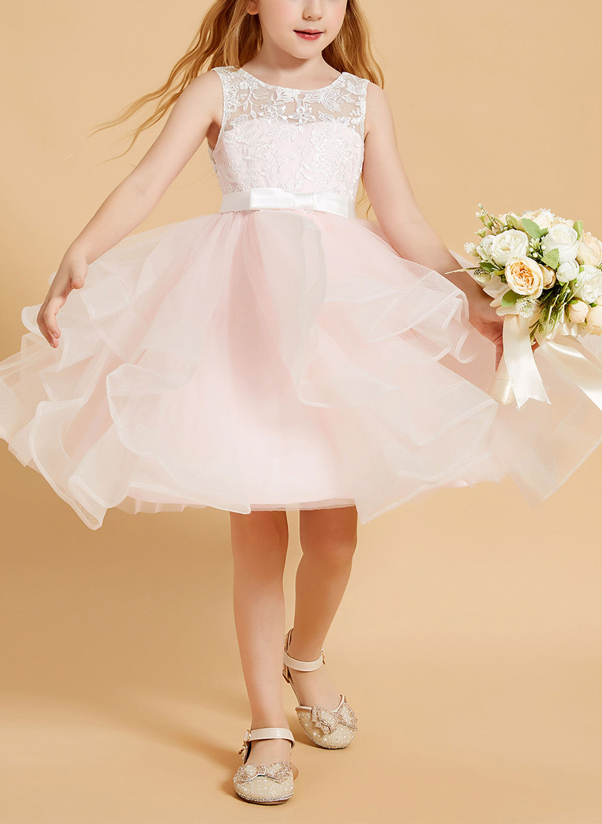 A-Line Scoop Neck Sleeveless Knee-Length Lace/Satin/Tulle Flower Girl Dresses With Bow(s)/Lace