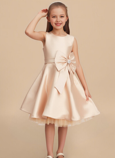 A-Line Scoop Neck Sleeveless Knee-Length Satin Flower Girl Dresses With Bow(s)/Rhinestone
