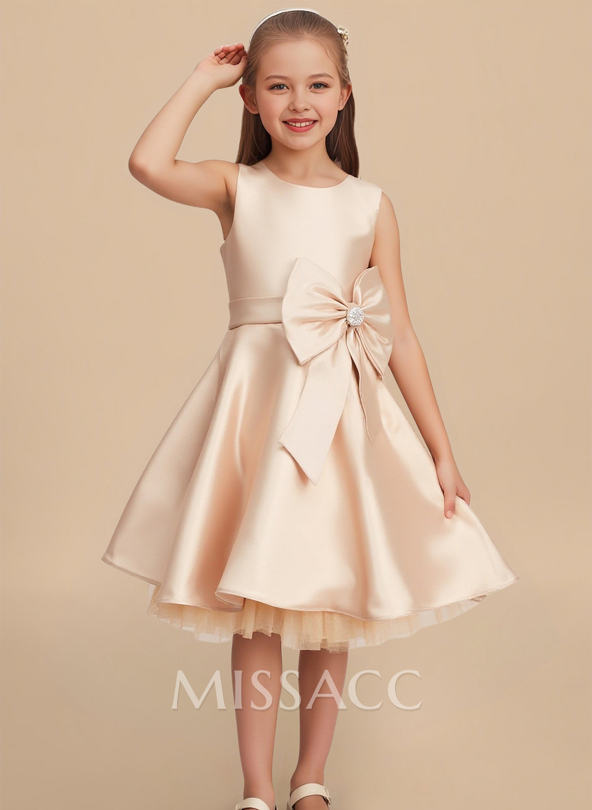 A-Line Scoop Neck Sleeveless Knee-Length Satin Flower Girl Dresses With Bow(s)/Rhinestone