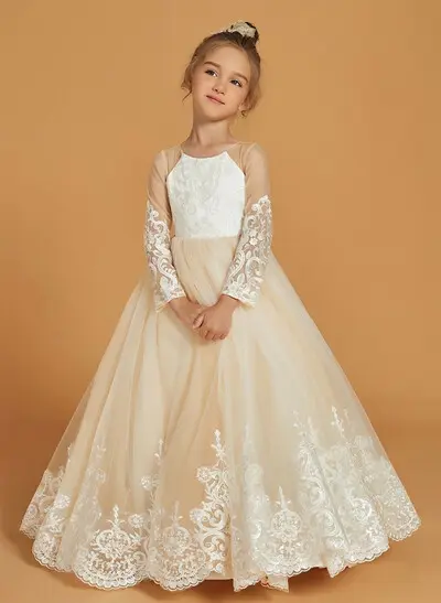 A-Line Scoop Neck Long Sleeves Floor-Length Lace/Tulle Flower Girl Dresses With Bow(s)/Pleated