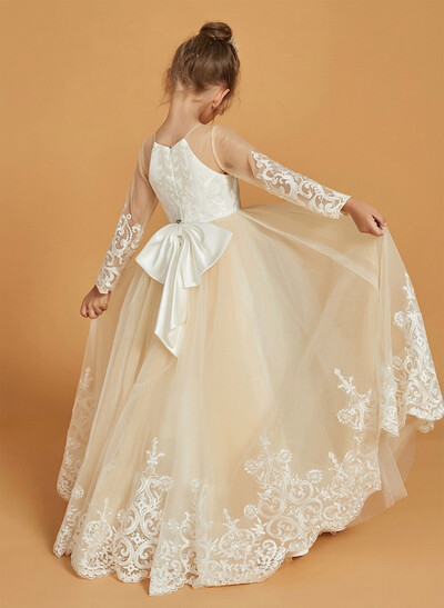 A-Line Scoop Neck Long Sleeves Floor-Length Lace/Tulle Flower Girl Dresses With Bow(s)/Pleated