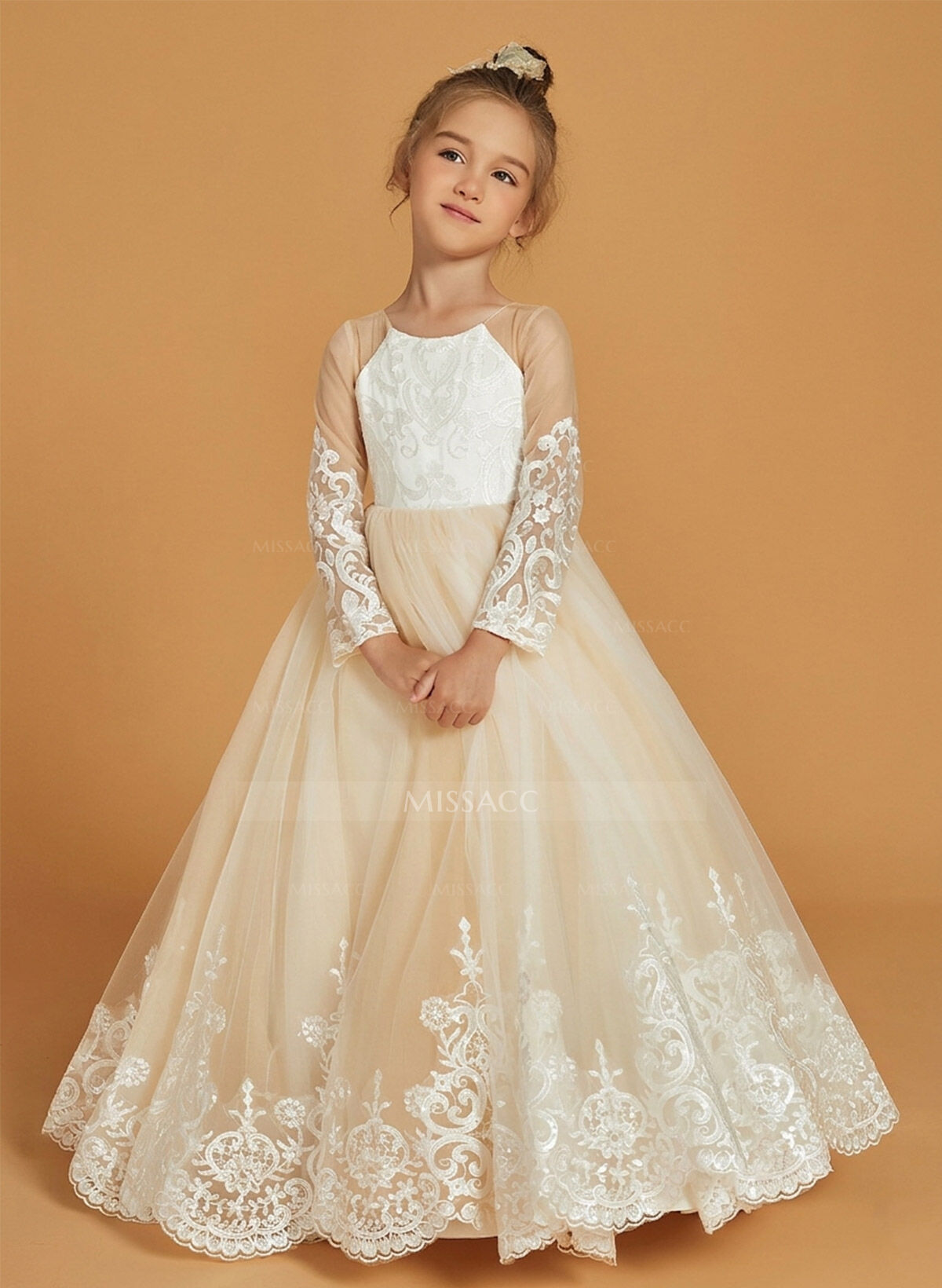 A-Line Scoop Neck Long Sleeves Floor-Length Lace/Tulle Flower Girl Dresses With Bow(s)/Pleated