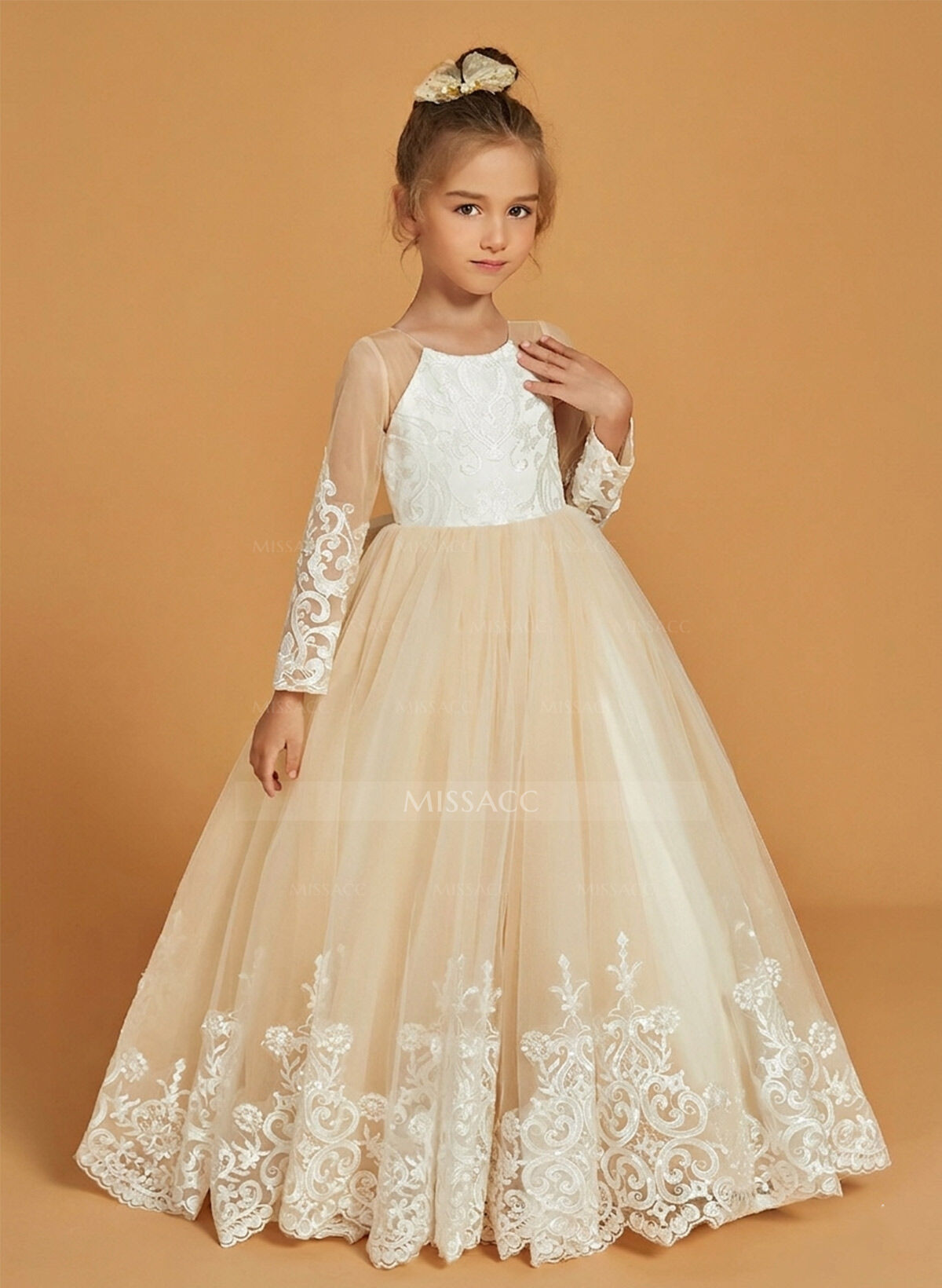 A-Line Scoop Neck Long Sleeves Floor-Length Lace/Tulle Flower Girl Dresses With Bow(s)/Pleated
