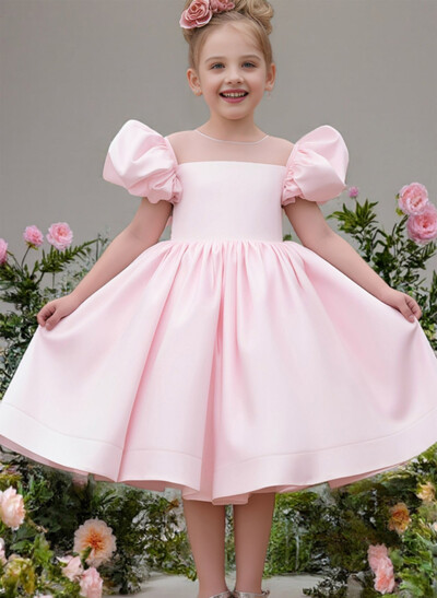 A-Line Illusion Neck Cape Sleeves Knee-Length Satin Flower Girl Dresses With Bow(s)