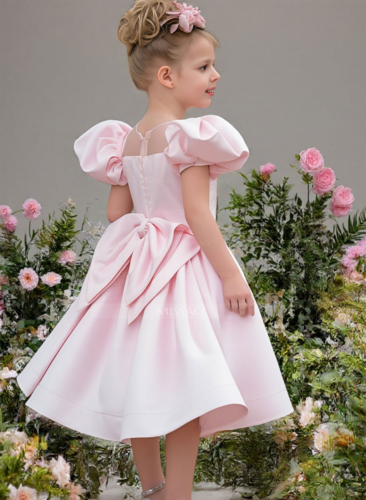 A-Line Illusion Neck Cape Sleeves Knee-Length Satin Flower Girl Dresses With Bow(s)