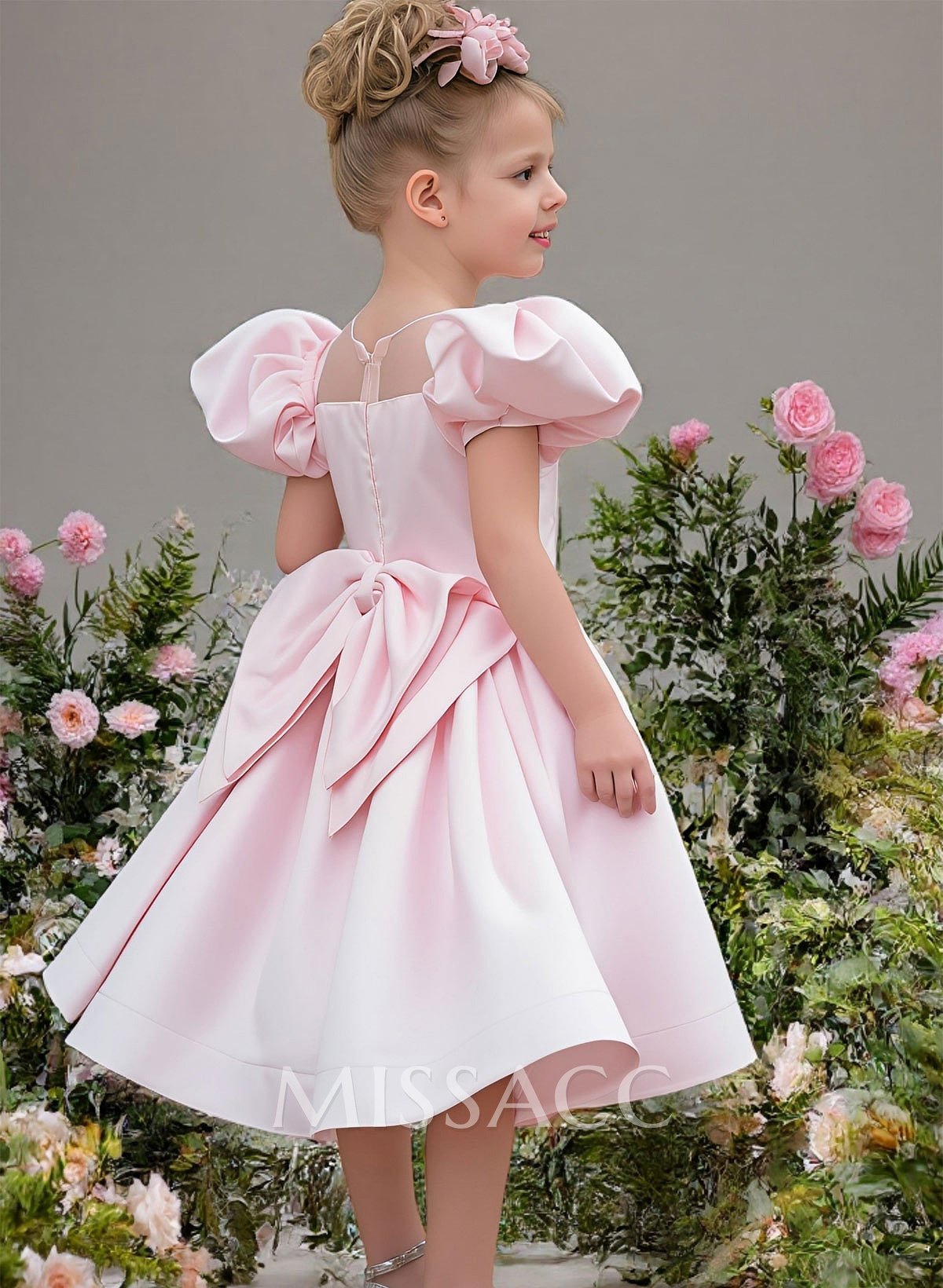 A-Line Illusion Neck Cape Sleeves Knee-Length Satin Flower Girl Dresses With Bow(s)