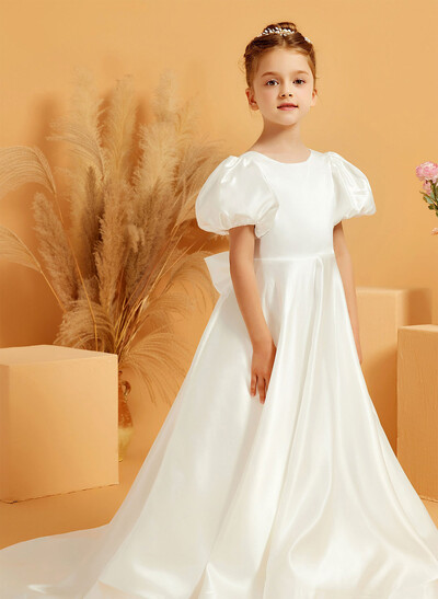 A-Line Scoop Neck Short Sleeves Sweep Train Satin Flower Girl Dresses With Bow(s)