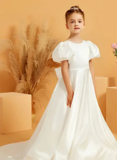 A-Line Scoop Neck Short Sleeves Sweep Train Satin Flower Girl Dresses With Bow(s)