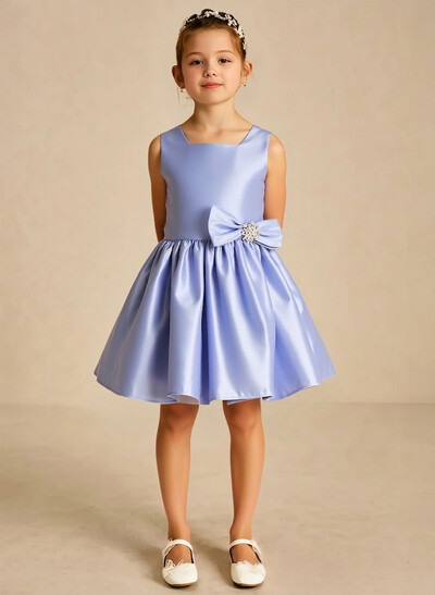 A-Line Square Neckline Sleeveless Knee-Length Satin Flower Girl Dresses With Bow(s)/Pleated