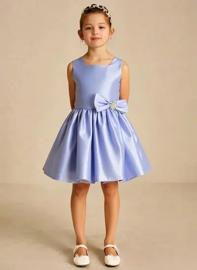 A-Line Square Neckline Sleeveless Knee-Length Satin Flower Girl Dresses With Bow(s)/Pleated