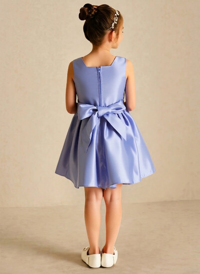A-Line Square Neckline Sleeveless Knee-Length Satin Flower Girl Dresses With Bow(s)/Pleated