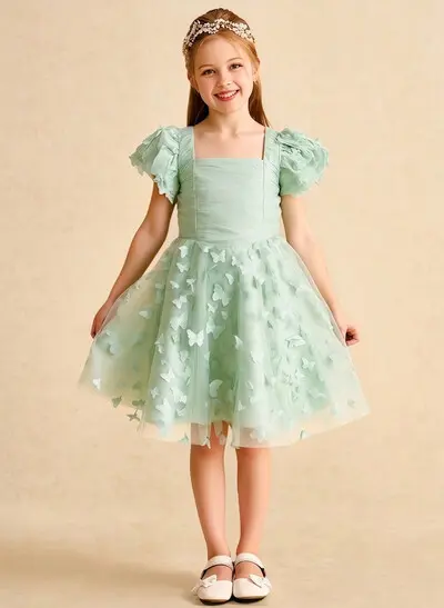 A-Line Square Neckline Sleeveless Knee-Length Tulle Flower Girl Dresses With Appliques Lace
