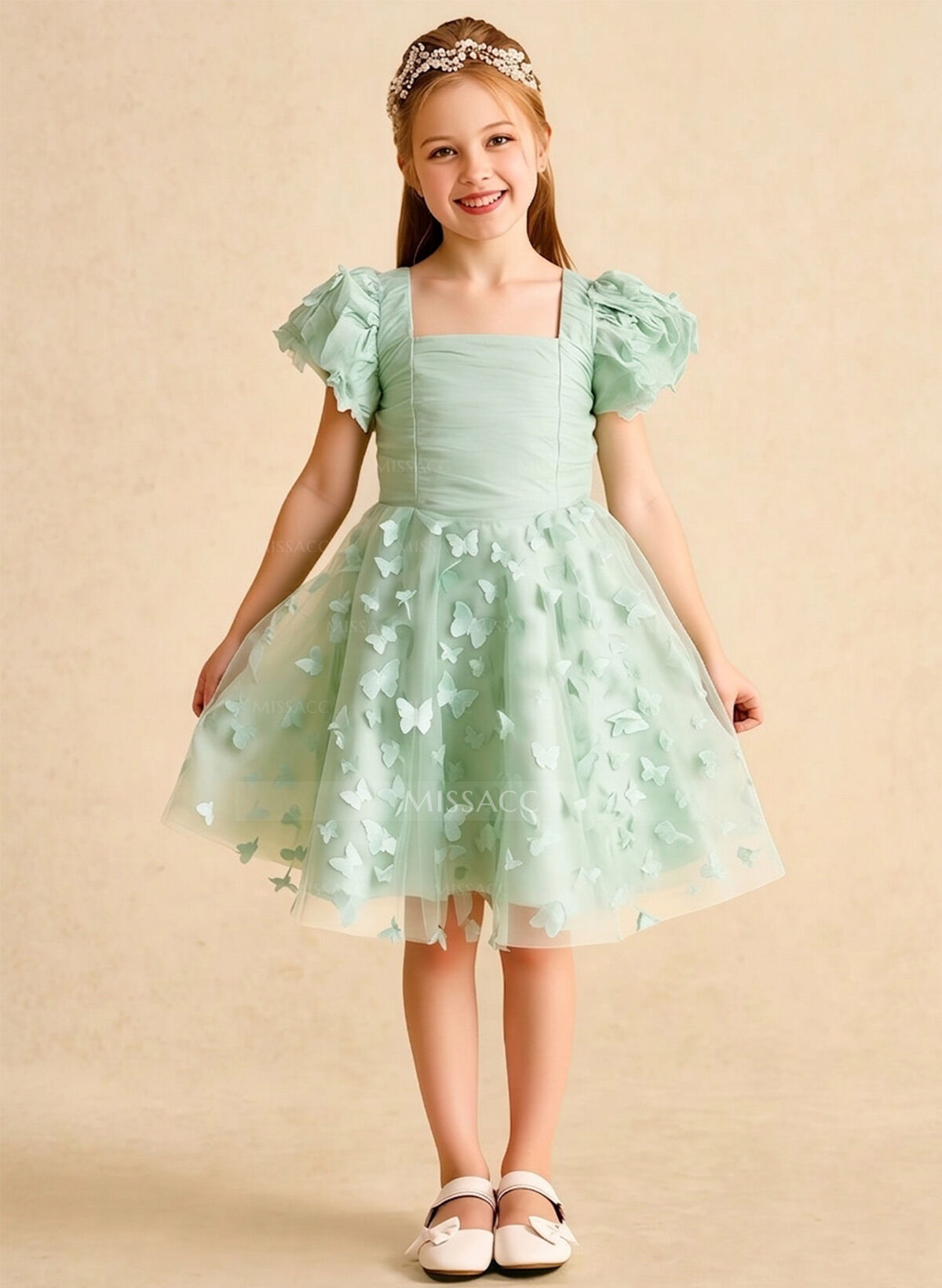 A-Line Square Neckline Sleeveless Knee-Length Tulle Flower Girl Dresses With Appliques Lace