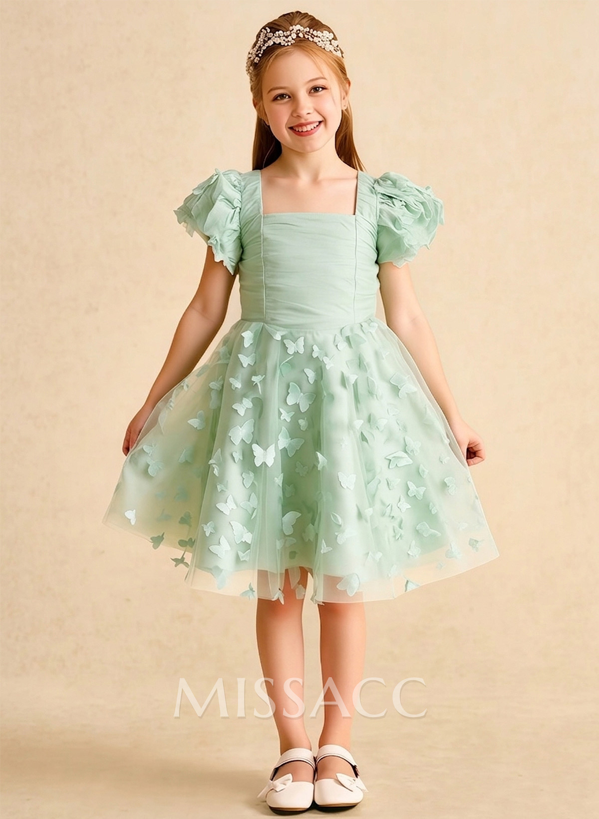 A-Line Square Neckline Sleeveless Knee-Length Tulle Flower Girl Dresses With Appliques Lace