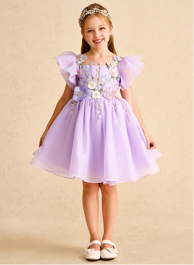 Knee-Length A-Line Illusion Neck Short Sleeves Organza Flower Girl Dresses With Appliques Lace/Flower(s)