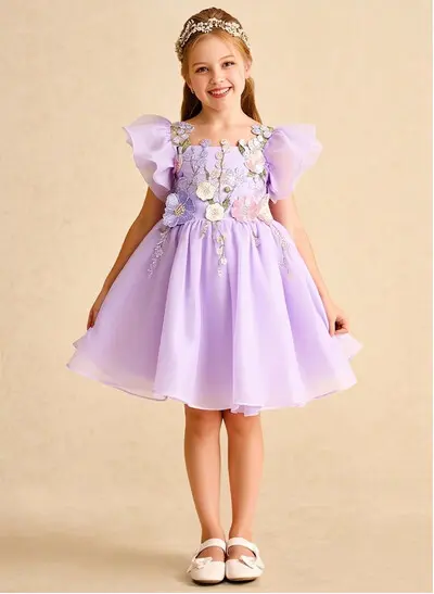 Knee-Length A-Line Illusion Neck Short Sleeves Organza Flower Girl Dresses With Appliques Lace/Flower(s)