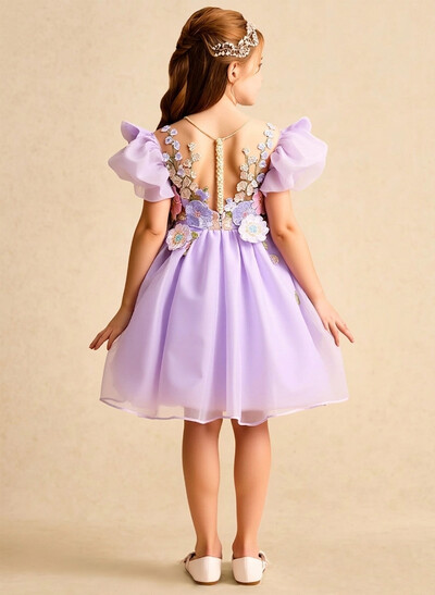 Knee-Length A-Line Illusion Neck Short Sleeves Organza Flower Girl Dresses With Appliques Lace/Flower(s)