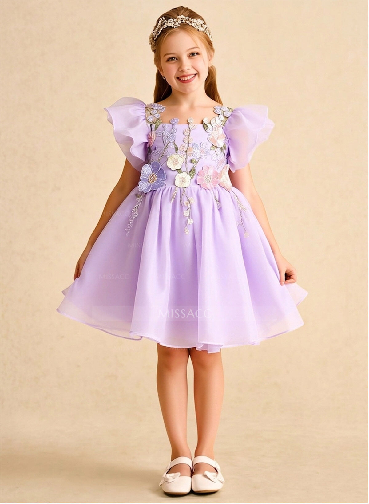 Knee-Length A-Line Illusion Neck Short Sleeves Organza Flower Girl Dresses With Appliques Lace/Flower(s)