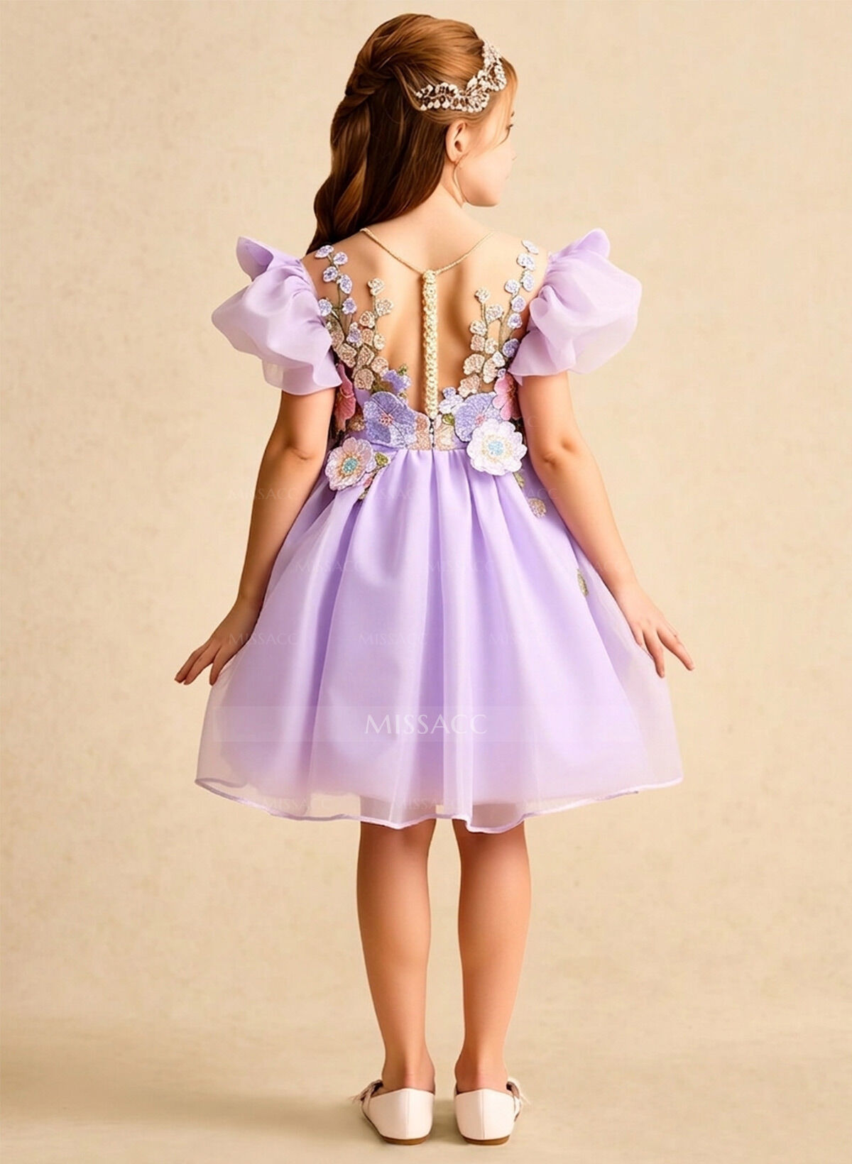 Knee-Length A-Line Illusion Neck Short Sleeves Organza Flower Girl Dresses With Appliques Lace/Flower(s)