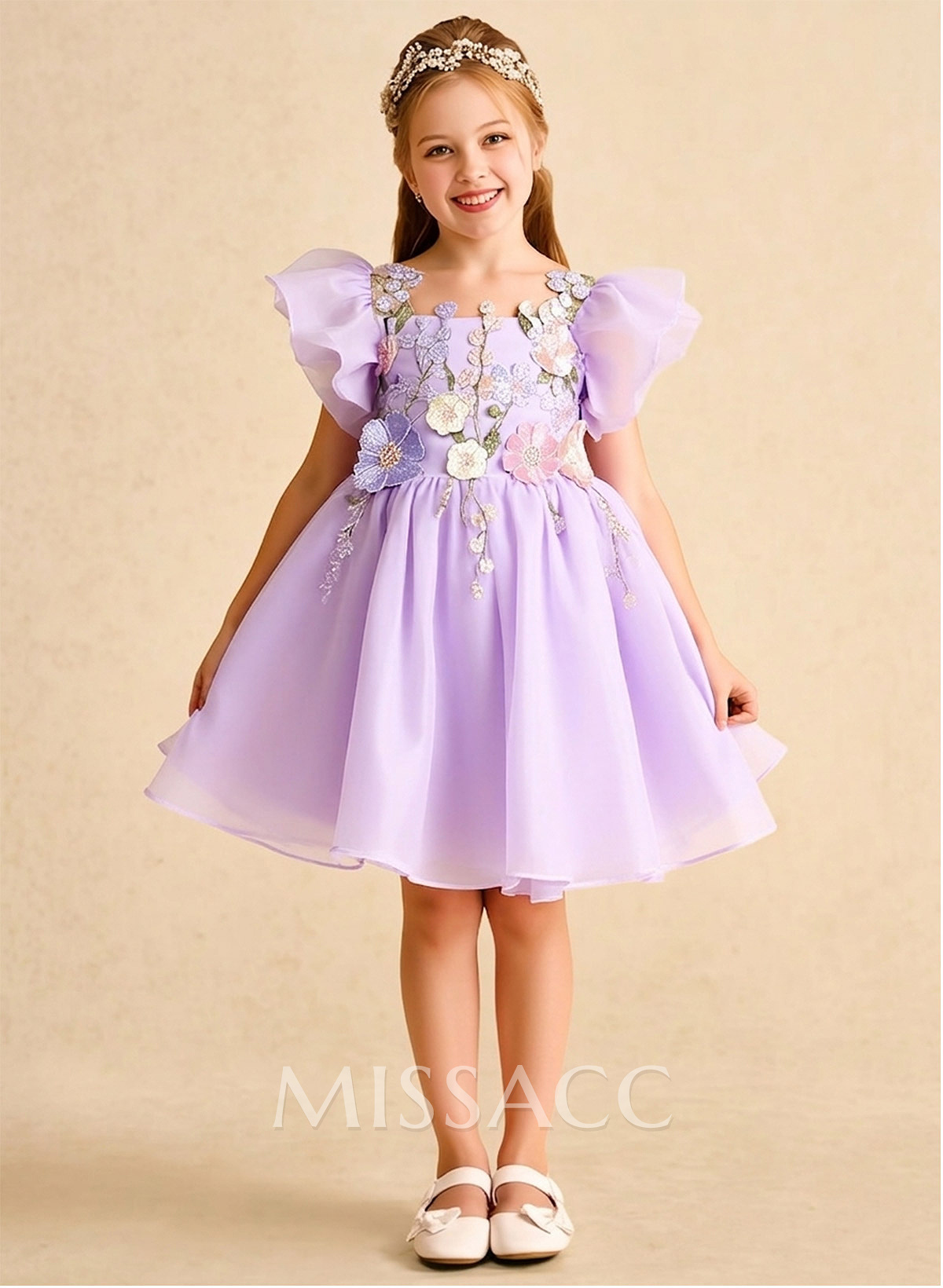 Knee-Length A-Line Illusion Neck Short Sleeves Organza Flower Girl Dresses With Appliques Lace/Flower(s)