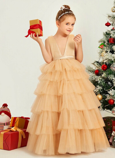 Ball-Gown Plunge Neck Sleeveless Floor-Length Tulle Flower Girl Dresses With Sash/Tiered