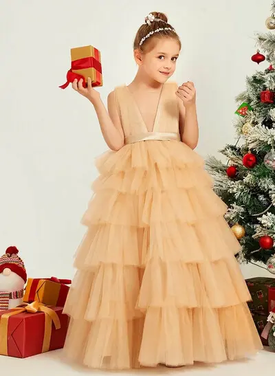 Ball-Gown Plunge Neck Sleeveless Floor-Length Tulle Flower Girl Dresses With Sash/Tiered