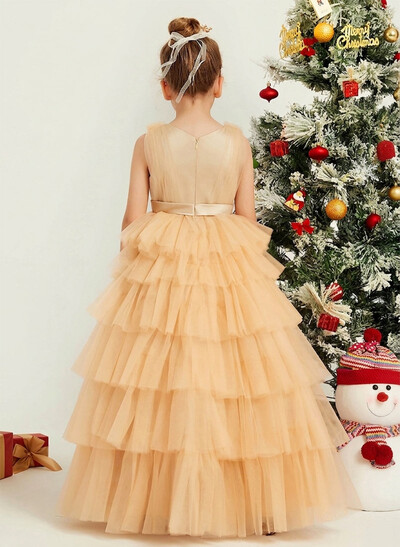 Ball-Gown Plunge Neck Sleeveless Floor-Length Tulle Flower Girl Dresses With Sash/Tiered
