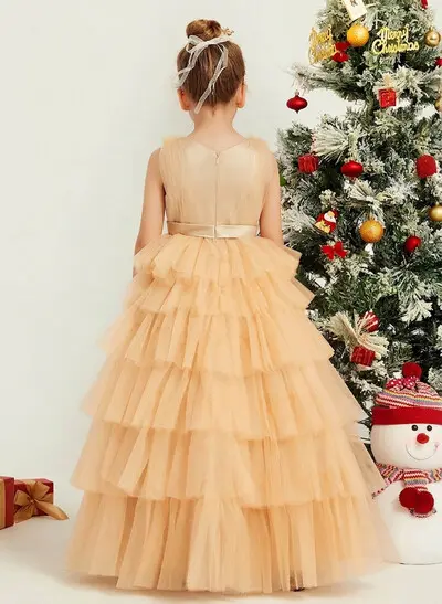Sleeveless Floor-Length Tulle Ball Gown Flower Girl Dress with Plunging Neckline, Sash and Tiered Skirt